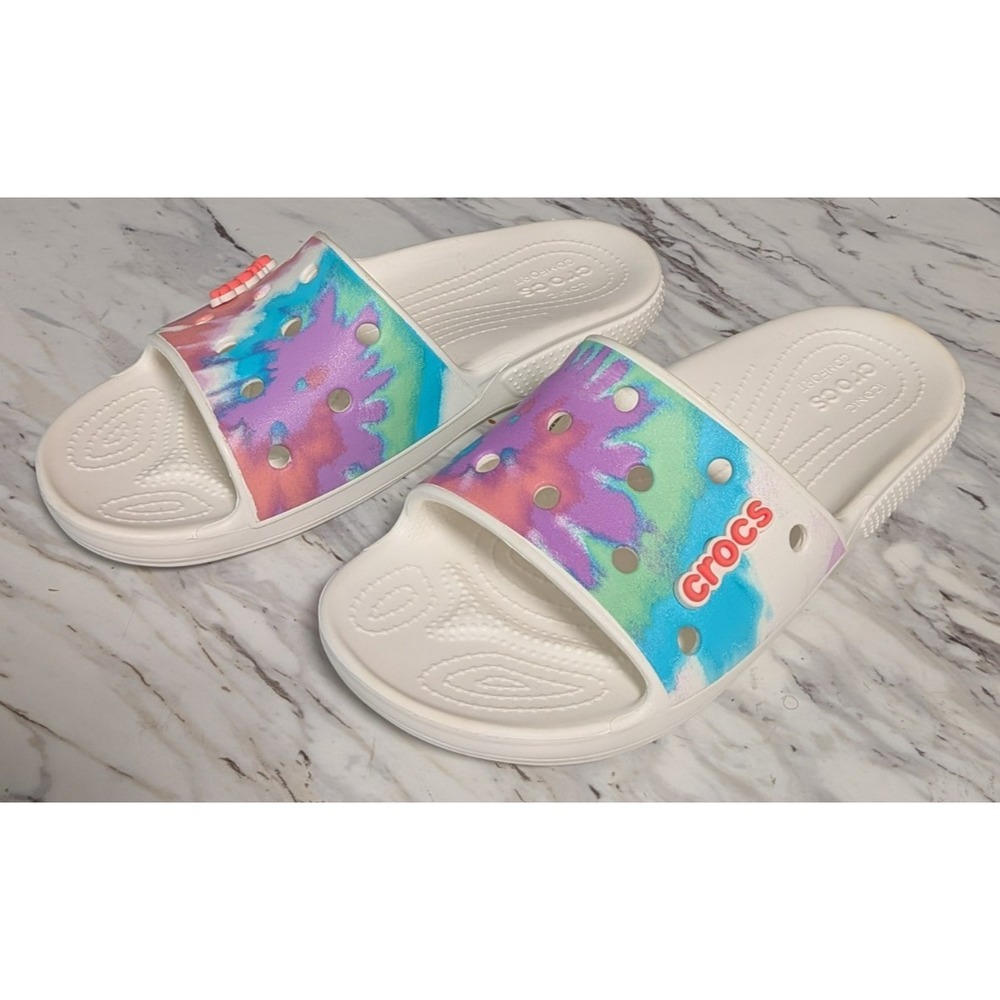 Crocs Classic Slides Sandals White Tie Dye Crocs Charms Size Men's 7  Women's‎ 9 - Picture 3 of 10